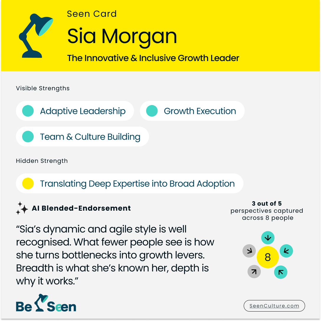 A Seen AI Snapshot — example profile card for Sia Morgan